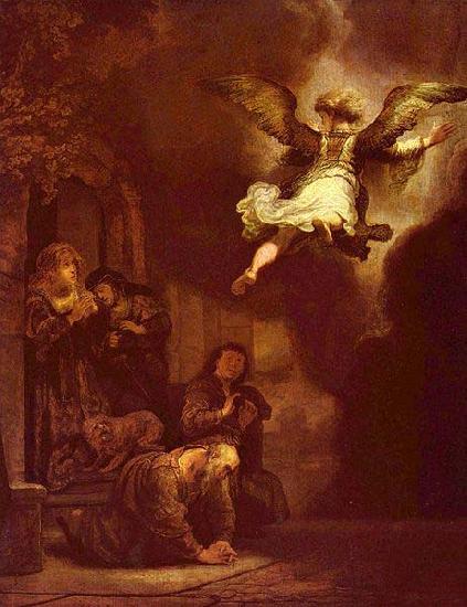 REMBRANDT Harmenszoon van Rijn The angel Raphael leaving the family of Tobit. oil painting image